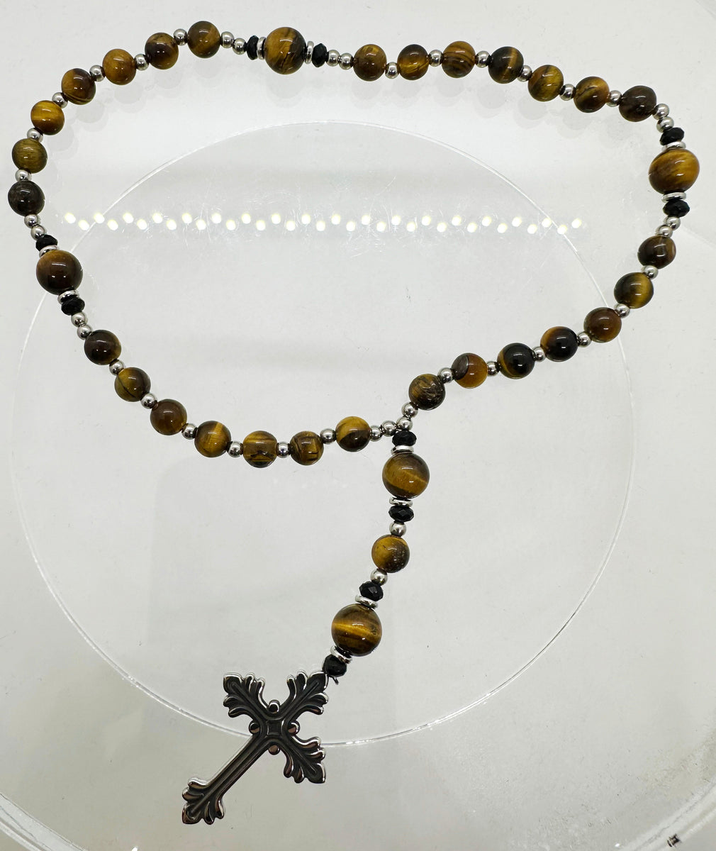 33 Bead Anglican Prayer Beads TIGER EYE STONES WITH STAINLESS STEEL SILVER  CROSS