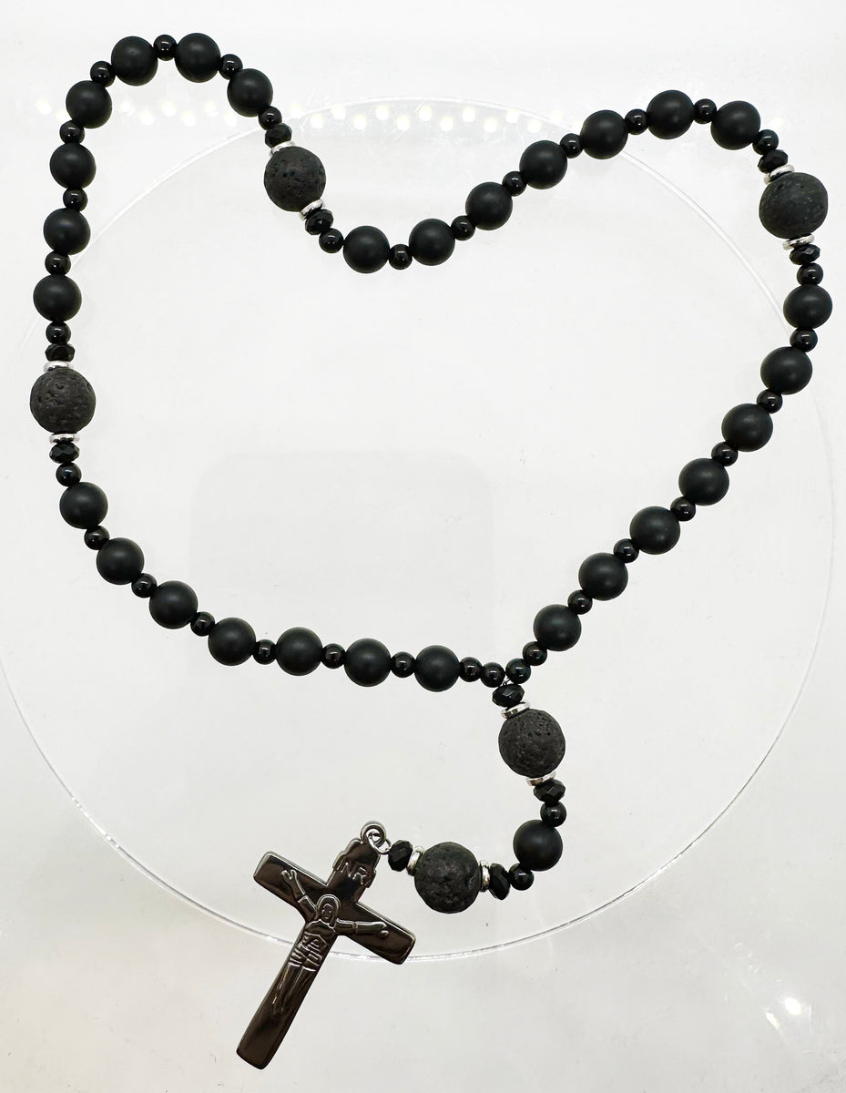 33 Bead Anglican Prayer Beads BLACK LAVA STONES WITH STAINLESS STEEL CROSS