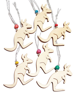 6 small wooden kangaroo christmas tree decorations. Each has a silver cord and a different coloured bead. Each kangaroo is 7cm across
