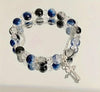 Blue & white or Lilac & white Beads Elastic Bracelet with Silver Cross