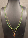 Double layer Cross Necklace with Green and Gold Glass stones and stainless steel chain