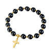 Natural beads elastic bracelet with stainless steel cross