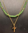 Double layer Cross Necklace with Green and Gold Glass stones and stainless steel chain