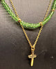 Double layer Cross Necklace with Green and Gold Glass stones and stainless steel chain