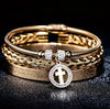 Gold Stainless Steel Bracelet with Round Cross Decor Pendant Bangle, Gold Stainless Steel Open Bangle Bracelet and Silver Stainless Steel Carving Spanish Religious Scripture bracelet (Copy)