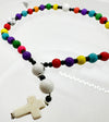 33 Bead Anglican Prayer Beads MULTICOLOURED WITH WHITE STONE CROSS