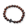 Blaze stainless steel red tiger eye beaded elastic bracelet with stone cross pendant