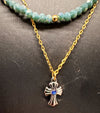 Double layer Cross Necklace with Light blue/Grey Glass stones and stainless steel chain