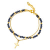 Black Double layer stainless steel gold plated chain & black glass bead rosary cross bracelet