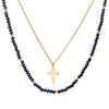 Double layer Cross Necklace with Black and Gold Glass stones and stainless steel chain