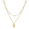 Double layer Cross Necklace stainless steel duo gold plated chain & white agate beads