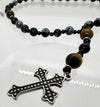 33 Bead Anglican Prayer Beads BLACK/GREY AND TIGER EYE STONES WITH STAINLESS STEEL SILVER CROSS