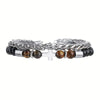 Stainless Steel Double Layer Beaded Black Agate Tiger Eye Stone Cross Pendant Bracelet