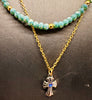 Double layer Cross Necklace with Light blue/Grey Glass stones and stainless steel chain