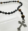 33 Bead Anglican Prayer Beads BLACK/GREY AND TIGER EYE STONES WITH STAINLESS STEEL SILVER CROSS