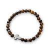 Blaze stainless steel tiger eye beaded elastic bracelet with steel cross pendant