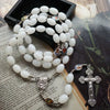 Catholic Rosary - 8mm White oval Beads and Silver Crucifix with Saint Medals