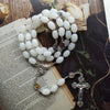 Catholic Rosary - 8mm White oval Beads and Silver Crucifix with Saint Medals