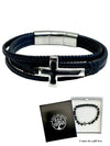 LEATHER CROSS BRACELET BOXED - POLISH STAINLESS STEEL