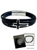 LEATHER CROSS BRACELET BOXED - POLISH STAINLESS STEEL