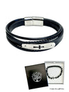 LEATHER CROSS BRACELET BOXED - BRUSHED STAINLESS STEEL