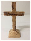 OLIVE WOOD SCALLOPED EDGE CROSS ON STAND 12CM