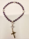 33 Bead Anglican Prayer Beads with PURPLE AND WHITE ONYX STONES WITH STAINLESS STEEL SILVER CROSS