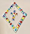 Colourful Diamond shape Glass Suncatcher with small cross