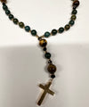 33 Bead Anglican Prayer Beads GREEN AND TIGER EYE STONES WITH STAINLESS STEEL SILVER CROSS