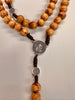 Catholic Rosary - ST BENEDICT LIGHT WOOD ON CORD WITH SILVER MEDAL