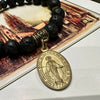 Sultry Black Lava Bracelet with Antique Bronze Filigree Heart and Miraculous Mary Gold medal