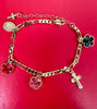 Brass 14k Gold Plated charm bracelet with textured crucifix charm & Virgin Mary Cz Medal