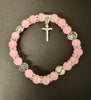 Stainless Steel and Black, White or Pink Agate beads elastic bracelet with Silver crucifix
