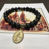 Sultry Black Lava Bracelet with Antique Bronze Filigree Heart and Miraculous Mary Gold medal