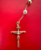 Brass 14k Gold Plated and pearl beads catholic rosary necklace with Our Lady of Charity Centerpiece and small crucifix