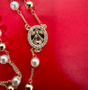 Brass 14k Gold Plated and pearl beads catholic rosary necklace with Our Lady of Charity Centerpiece and small crucifix