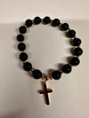 Natural beads elastic bracelet with stainless steel cross