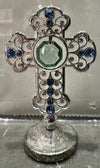 Metal Standing cross with green and blue Crystal decorations
