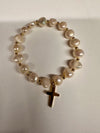 Natural beads elastic bracelet with stainless steel cross