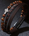 Hematite Cross Layered Leather bracelet for men with magnetic buckle