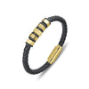 Blaze stainless steel men’s black leather bangle with gold detail and magnetic clasp