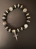 Stainless Steel and Black, White or Pink Agate beads elastic bracelet with Silver crucifix