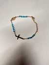 Aquamarine glass stone bracelet with Cross and virgin Mary medal