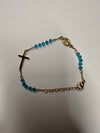 Aquamarine glass stone bracelet with Cross and virgin Mary medal