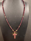 Red stone Cross Necklace with Purle and Gold Glass stones chain