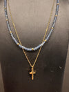 Double layer Cross Necklace with Light Blue and Gold Glass stones and stainless steel chain