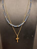 Double layer Cross Necklace with Light Blue and Gold Glass stones and stainless steel chain