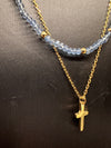 Double layer Cross Necklace with Light Blue and Gold Glass stones and stainless steel chain