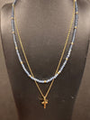 Double layer Cross Necklace with Light Blue and Gold Glass stones and stainless steel chain