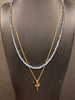 Double layer Cross Necklace with Light Blue and Gold Glass stones and stainless steel chain